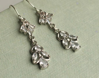 Art Deco Earrings, Art Nouveau, Silver Bridal Earrings, Diamond Drop Earrings 1920s Earrings, Vintage Wedding Drop, CC NOUVEAU SILVER