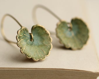 Green Leaf Earrings ...Art Nouveau Earrings, Lily Pad Monet,  Boho Turquoise Lily Pad Long Earrings, WILLOW LEAF EARRINGS