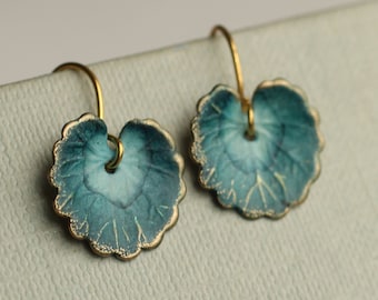 Blue Leaf Earrings, Art Nouveau Earrings, Navy Blue, Monet Watercolour, Boho Lily Pad Long Earrings, NAVY LEAF Earrings