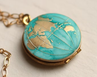 Map Necklace Locket, Personalised Globe Necklace, Planet Earth, Personalized Necklace, Turquoise Locket, Travel Gift, NEW MAP EAST