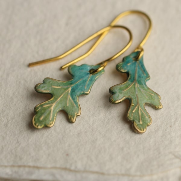 Turquoise Oak Leaf Earrings, Art Nouveau, Arts and Crafts Lily Pad, Green Leaf Earrings, Boho Turquoise Long Earrings, TINY OAK EAR