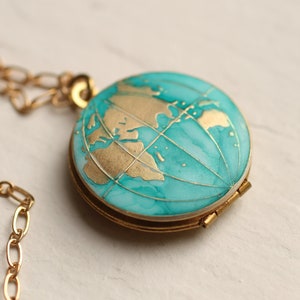 Map Necklace Locket, Personalised Globe Necklace, Planet Earth, Personalized Necklace, Turquoise Locket, Travel Gift, NEW MAP EAST