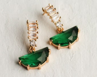 Art Deco Emerald Green Earrings, Emerald Earrings, Art Nouveau, Baguette, Diamond Drop Earrings, 1920s Twenties, EMERALD M00N LADDER