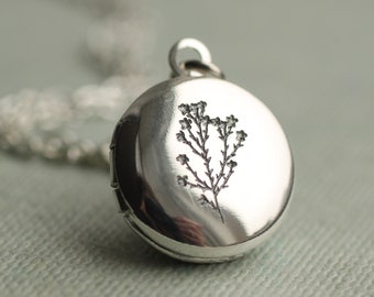 Médaillon photo en argent avec fleurs, collier médaillon botanique avec photos, collier photo personnalisé, collier initiale gravée, PETIT ROND EN ARGENT