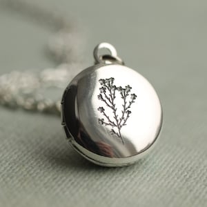 Flower Silver Photo Locket, Botanical Locket Necklace with Photos, Personalised Photo Necklace, Engraved Initial Necklace, TINY ROUND SILVER image 1