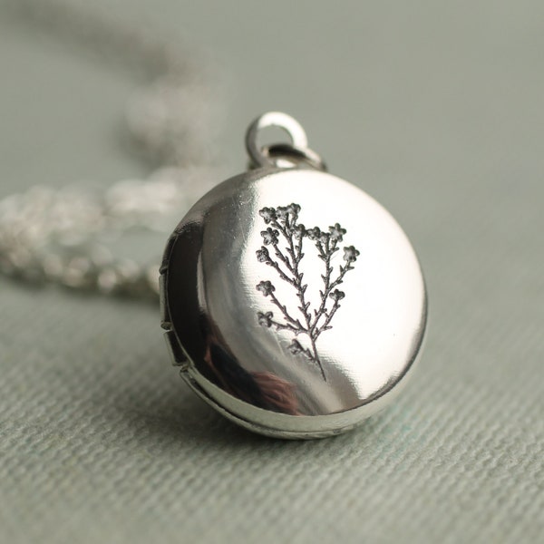 Flower Silver Photo Locket, Botanical Locket Necklace with Photos, Personalised Photo Necklace, Engraved Initial Necklace, TINY ROUND SILVER