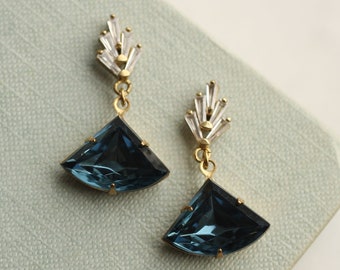 Art Deco Navy Earrings, Art Nouveau, Baguette Rectangle Navy Sapphire Diamond Drop Earrings 1920 Chrysler Vintage NAVY DECO CCPOST