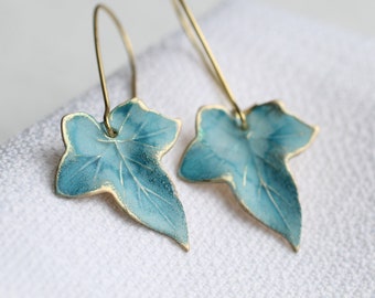 Blue Leaf Earrings, Ivy Leaf Earrings, Nouveau Boho Earrings, Long Cornflower Periwinkle Earrings, Lily Pad, Boho Jewelry, BLUE IVY EARRINGS