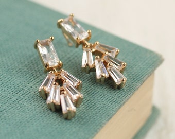 Art Deco Earrings, Feather Earrings, Wedding Bridal  Earrings 1920s Baguette Rectangle Diamond Twenties Geometric Chrysler, CC CLEAR BAG