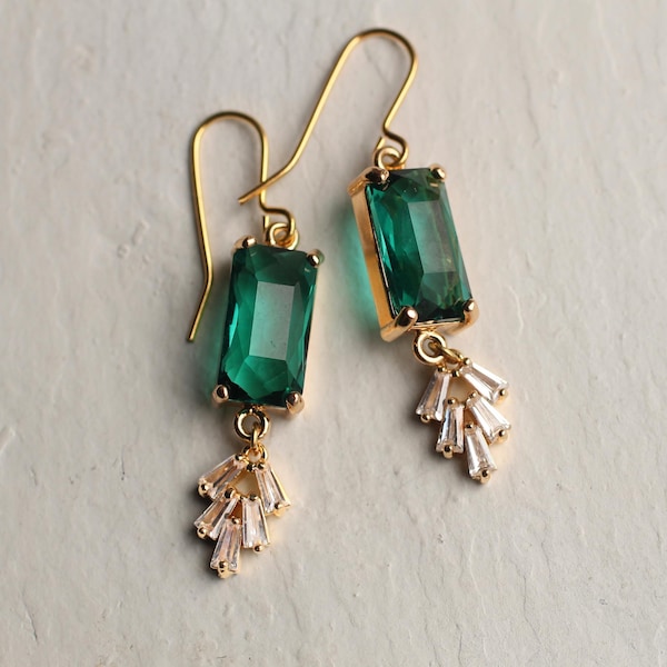 Art Deco Green Emerald Earrings: 1920s Cut Glass Jewel Earrings, Bridesmaid Jewelry