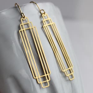 Gold Art Deco Earrings, Architectural Gold Earrings, Modernist Gold Geometric Drop Earrings, Rectangle Modern CUT RECTANGLE EAR Gold
