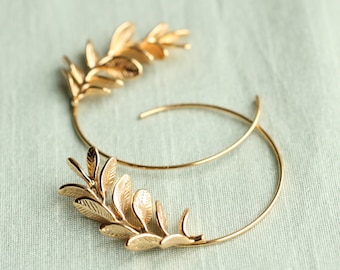 Rosemary Hoop Earrings, Silver Leaf Hoop Earrings, Twig Branch Earrings, Nature Plant Leaf Eearrings, Woodland Earrings, ROSEMARY HOOPS