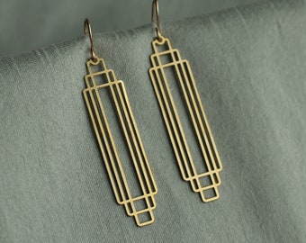 Gold Art Deco Earrings, Minimalist Gold Earrings, Gold Geometric Drop Earrings, Geometric Chrysler Vintage Modern CUT RECTANGULAR EAR Gold