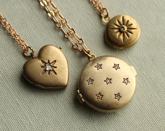 Gold Star Locket with Photos, Vintage Zodiac Locket Necklace, Personalised Photo Necklace, Engraved Photo Locket, CELESTIAL LOCKET TRIO
