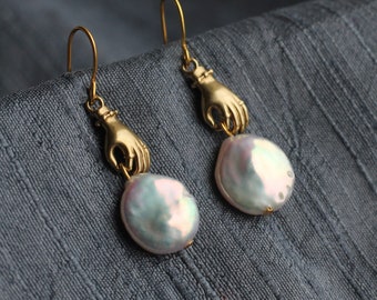 Freshwater Pearl Earrings, Statement Pearl Earrings, Alternative Bridal Earrings, Victorian Hand Jewelry, Drop Earrings, PEARL WITH HAND