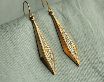 Floral Drop Earrings, Engraved Art Nouveau Bohemian Gold Earrings, Turquoise Gold Earrings, SPRIG EARRINGS