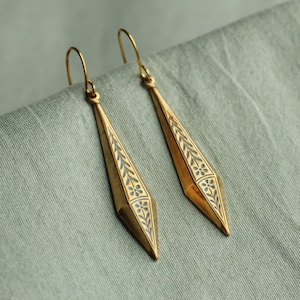 Floral Drop Earrings, Engraved Art Nouveau Bohemian Gold Earrings, Turquoise Gold Earrings, SPRIG EARRINGS