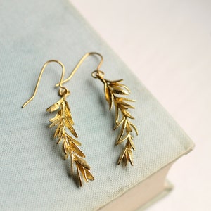 Rosemary Leaf Earrings, Gold Leaf Earrings, Twig Branch Earrings, Nature Plant Leaf Eearrings, Meadow Wildflower Earrings, ROSEMARY EARRINGS