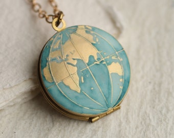 Map Necklace Locket, Personalised Globe Necklace, Planet Earth, Personalized Necklace, Blue Locket, Travel Gift, BLUE MAP EAST