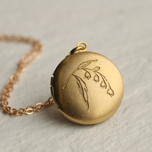 Gold Locket with Photos, Lily of The Valley Locket, Tiny Locket Necklace, Wild Flower Personalised Photo Necklace, Round Locket LKGP-23