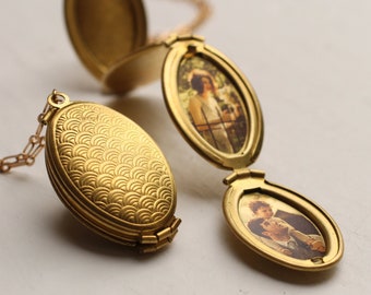 Personalisierte Medaillon Halskette mit Foto, Gold Medaillon mit Bild, Foto Halskette, gravierte Medaillon Halskette, Art Deco, Oma Mama, FAM