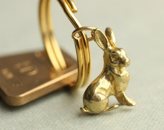 Tiny Rabbit Charm Keyring, Rabbit Keychain, Miniature Rabbit Hare Gift, Solid Brass Keyring, Good Luck, House Warming Gift, RABBIT KEYRING