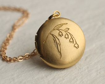 Gold Medaillon mit Fotos, Maiglöckchen Medaillon, kleine Medaillon Halskette, Wild Blume personalisierte Foto Halskette, KLEINE RUNDE LOCKET