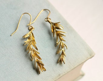 Rosemary Leaf Earrings, Gold Leaf Earrings, Twig Branch Earrings, Nature Plant Leaf Eearrings, Meadow Wildflower Earrings, ROSEMARY EARRINGS