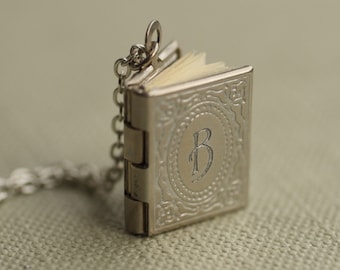 Silver Book Locket Necklace, Locket with Photo, Engraved Necklace for Sister, Initial Necklace, Graduation Locket,  SILVER VICT BOOK