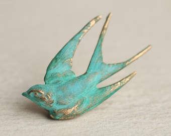 Broche de pájaro golondrina, alfiler de pájaro, joyería de golondrina, broche verde, joyería verdigris turquesa, BROCHE DE PÁJARO VERDIGRIS *nuevo*