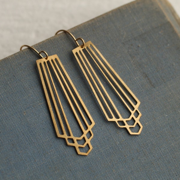 Gold Art Deco Earrings, Minimalist Gold Earrings, Gold Geometric Drop Earrings, Geometric Chrysler Vintage Modern CUTOUT CHRYSLER EAR Gold