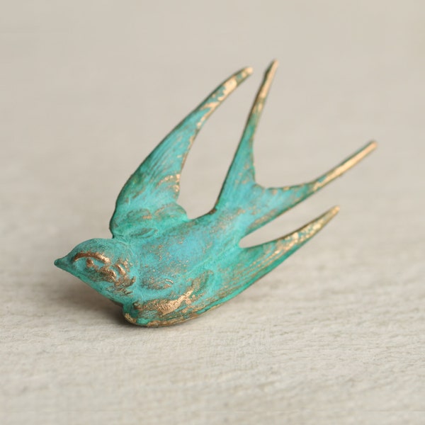 Broche oiseau hirondelle, épingle oiseau, bijoux hirondelle, broche verte, bijoux turquoise vert-de-gris, BROCHE OISEAUX VERDIGRIS * nouveau *