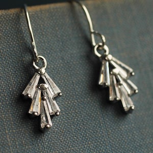 Silver Art Deco Earrings, Art Nouveau, Small Dainty Bridal Earrings, Bridesmaids, Wedding Day, Delicate Baguette Diamond Drop, 1920s Jewelry