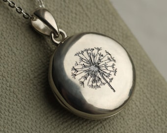 925 Sterling Silver Locket Necklace with Photos, Genuine Silver Locket, Personalised Photo Necklace, 925 Sterling Round, DANDELION NECKLACE