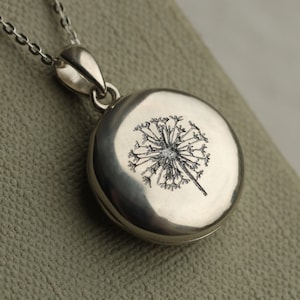 925 Sterling Silver Locket Necklace with Photos, Genuine Silver Locket, Personalised Photo Necklace, 925 Sterling Round, DANDELION NECKLACE