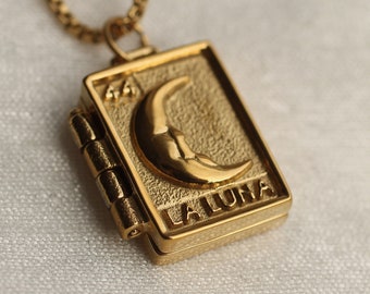 Gold Moon Locket Necklace, Rectangle Locket Pendant, Tarot Card Pendant, Locket with Photos, Personalised Locket, Teenage Gift, LUNA LOCKET