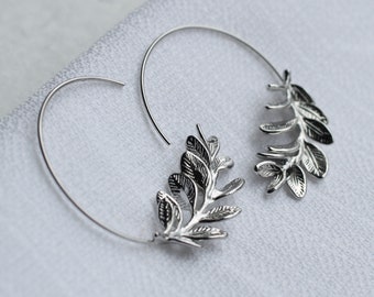 Rosemary Hoop Earrings, Silver Leaf Hoop Earrings, Twig Branch Earrings, Nature Plant Leaf Eearrings, Woodland Earrings, ROSEMARY HOOPS