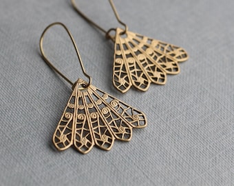 Golden Lace Earrings, Bohemian Vintage Fan Earrings, Bridal Filigree Earrings, Bridesmaid Jewelry, FILIGREE FAN EARRINGS