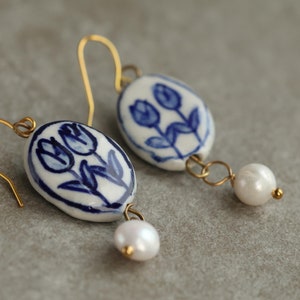 Blue Tulip Earrings, Porcelain Ceramic Earrings, Pearl Flower Earrings, Wedgewood Royal Blue, Gift for Best Friend, PEARL DELFT LARGE