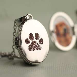 May include: A silver oval locket pendant featuring a paw print. The locket hangs from a fine chain. The locket opens to reveal a small photograph. The background is a pale green.