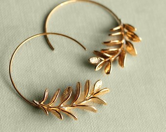 Rosemary Hoop Earrings, Gold Leaf Hoop Earrings, Twig Branch Earrings, Nature Plant Leaf Eearrings, Woodland Earrings, ROSEMARY HOOPS