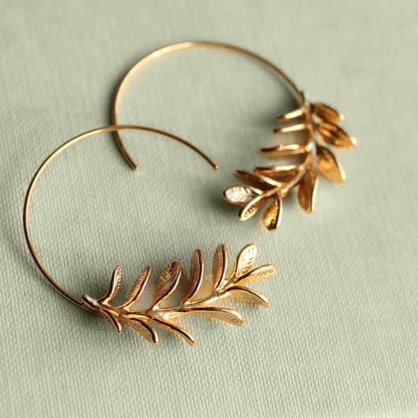 Rosemary Hoop Earrings, Gold Leaf Hoop Earrings, Twig Branch Earrings, Nature Plant Leaf Eearrings, Woodland Earrings, ROSEMARY HOOPS