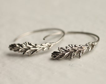 Rosemary Hoop Earrings, Silver Leaf Hoop Earrings, Twig Branch Earrings, Nature Plant Leaf Earrings, Woodland Earrings, TINY ROSEMARY HOOPS