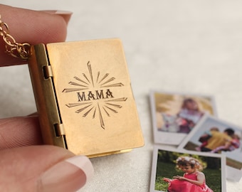 Family Photo Album Locket, Mother Mom Polaroid Photo Locket Necklace, Personalised Photo Album Gift, Engraved Name, SUNBURST POLAROID