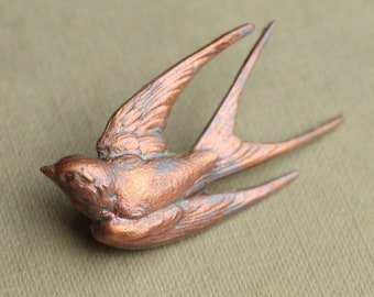 Swallow Bird Brooch, Gold Copper Bird Pin, Swallow Jewelry, Vintage Corsage Brooch Bridal Bouquet Jewellery, ROSY BIRD BROOCH