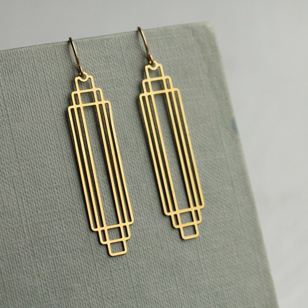 Gold Art Deco Earrings, Minimalist Gold Earrings, Gold Geometric Drop Earrings, Geometric Chrysler Vintage Modern CUT RECTANGULAR EAR Gold