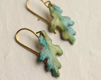 Turquoise Oak Leaf Earrings, Art Nouveau, Arts and Crafts Lily Pad, Green Leaf Earrings, Boho Turquoise Long Earrings, VERTICAL OAK EAR