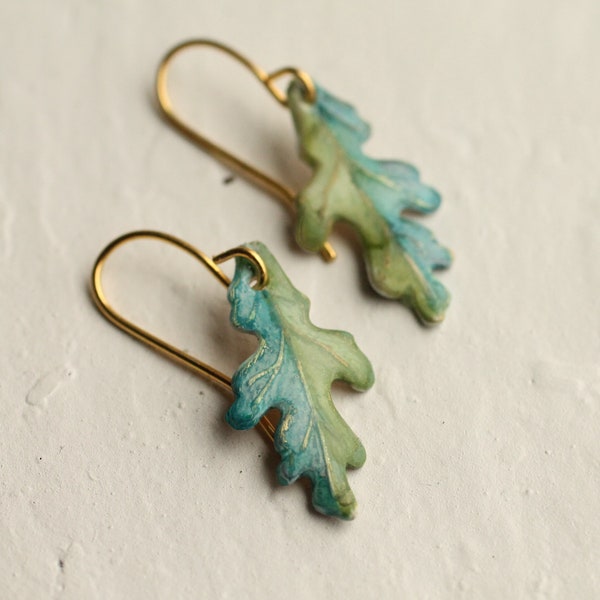 Turquoise Oak Leaf Earrings, Art Nouveau, Arts and Crafts Lily Pad, Green Leaf Earrings, Boho Turquoise Long Earrings, VERTICAL OAK EAR