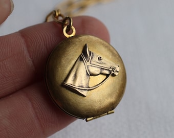 Horse Locket Necklace with Photos, Locket for Child, Personalized Engraved Necklace, Customized Photo Locket, Antique Brass, HORSE HEAD