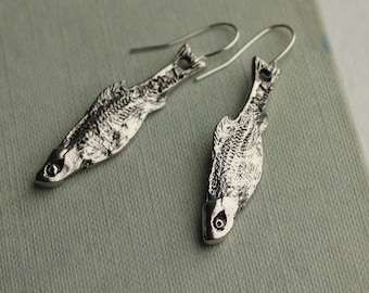 Silver Sardine Fish Earrings, Silver Drop Earrings, Silver Plated Detailed Fish Earrings, Novelty Gift for Friends, SARDINE EARRINGS,